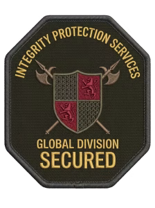 Black protection services patch with a quartered red shield and axes