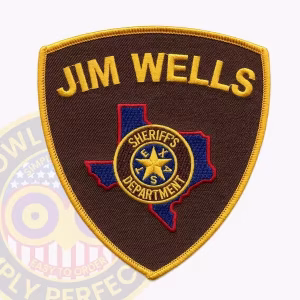 Jim Wells County Sheriff Patch with Brown Seal on Red-Outlined Texas Map