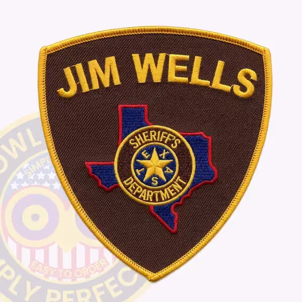 Jim Wells County Sheriff Patch with Brown Seal on Red-Outlined Texas Map