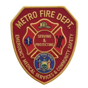 Red fire department patch with a serving and protecting center
