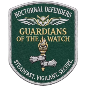 Green shield security patch with a winged owl and a torch