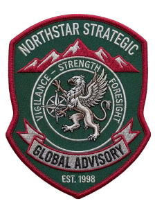 Red and green shield security patch with mountains and a white griffin