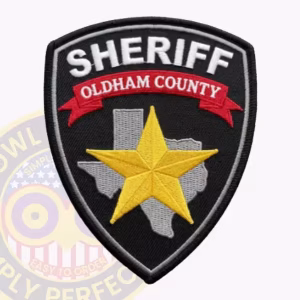 Oldham County Sheriff Patch with Red Scroll and Gold Star on Gray Map