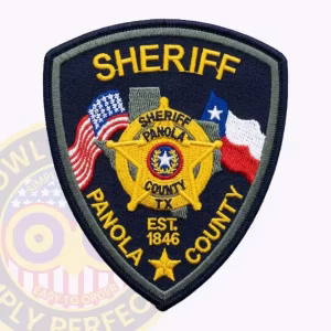 Panola County Sheriff Patch with Circle Badge over Gray Map and Flags