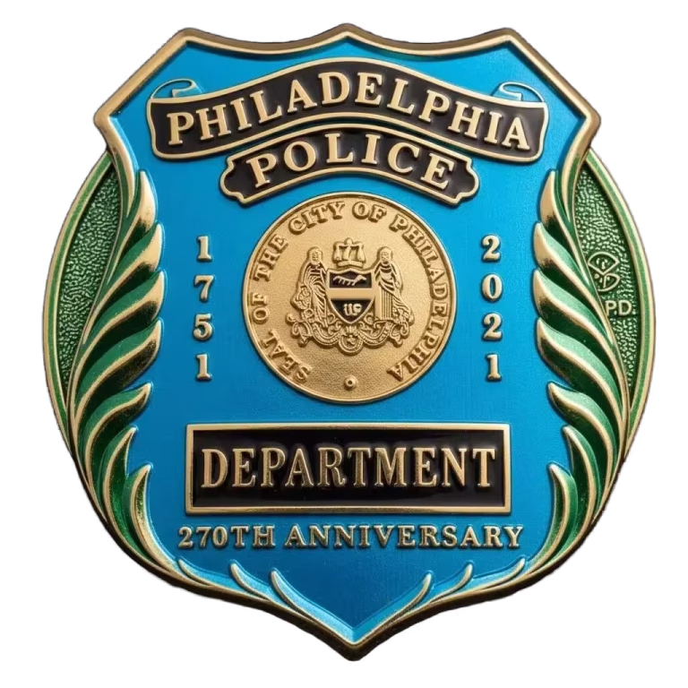 Custom Lapel Pins 3 Police shield lapel pin printed in teal and green with a gold seal