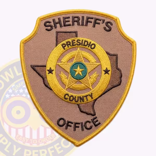 Presidio County Sheriff Patch with Teal Star Disc in Gold Ring on Tan