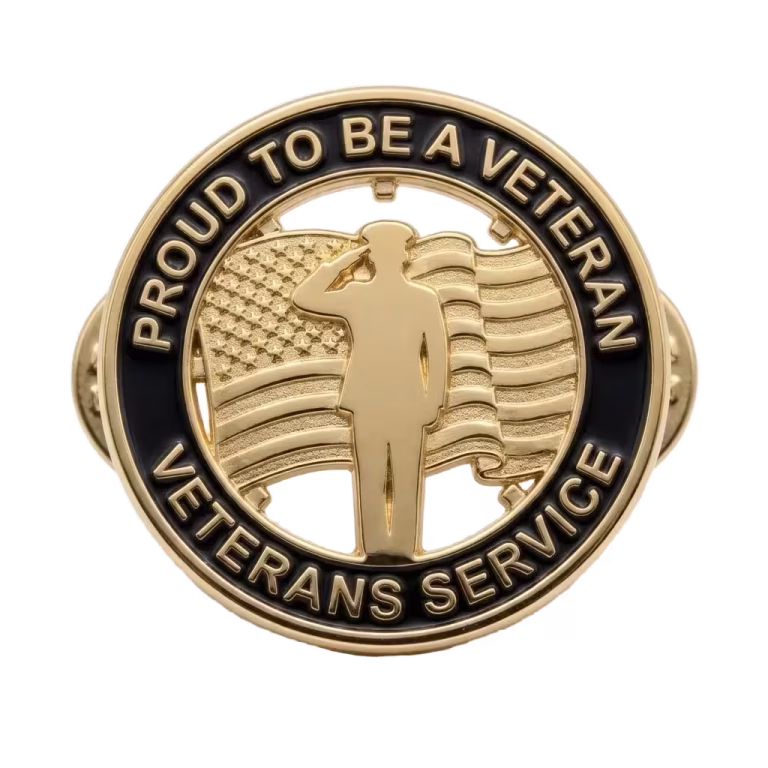 Custom Lapel Pins 27 Proud to be a veteran lapel pin with a saluting soldier over a gold flag