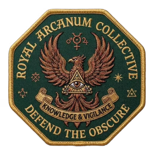 Green octagon security patch with a copper phoenix