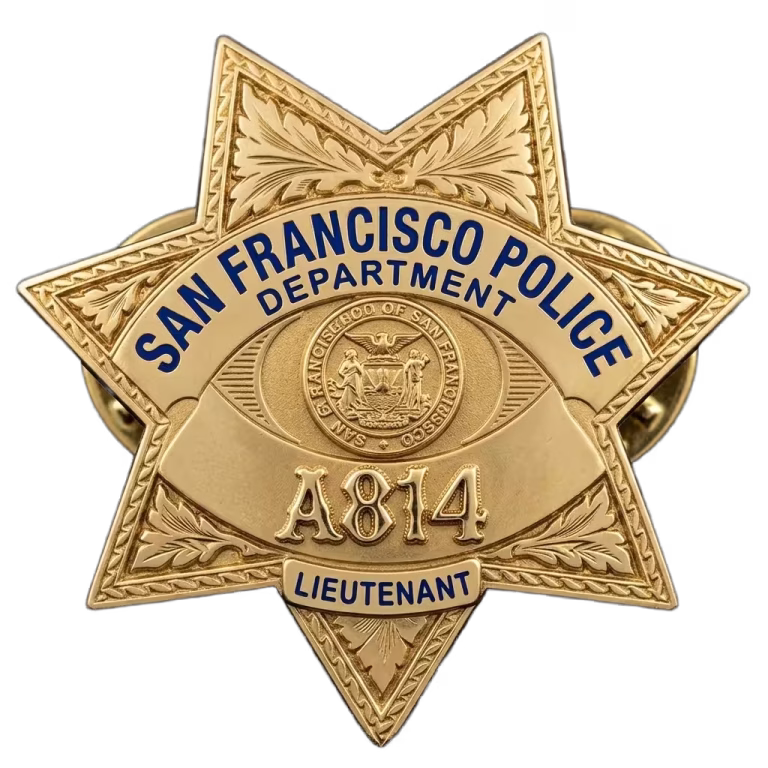 Custom Lapel Pins 23 Gold seven-point star police lapel pin with a seal and a badge number