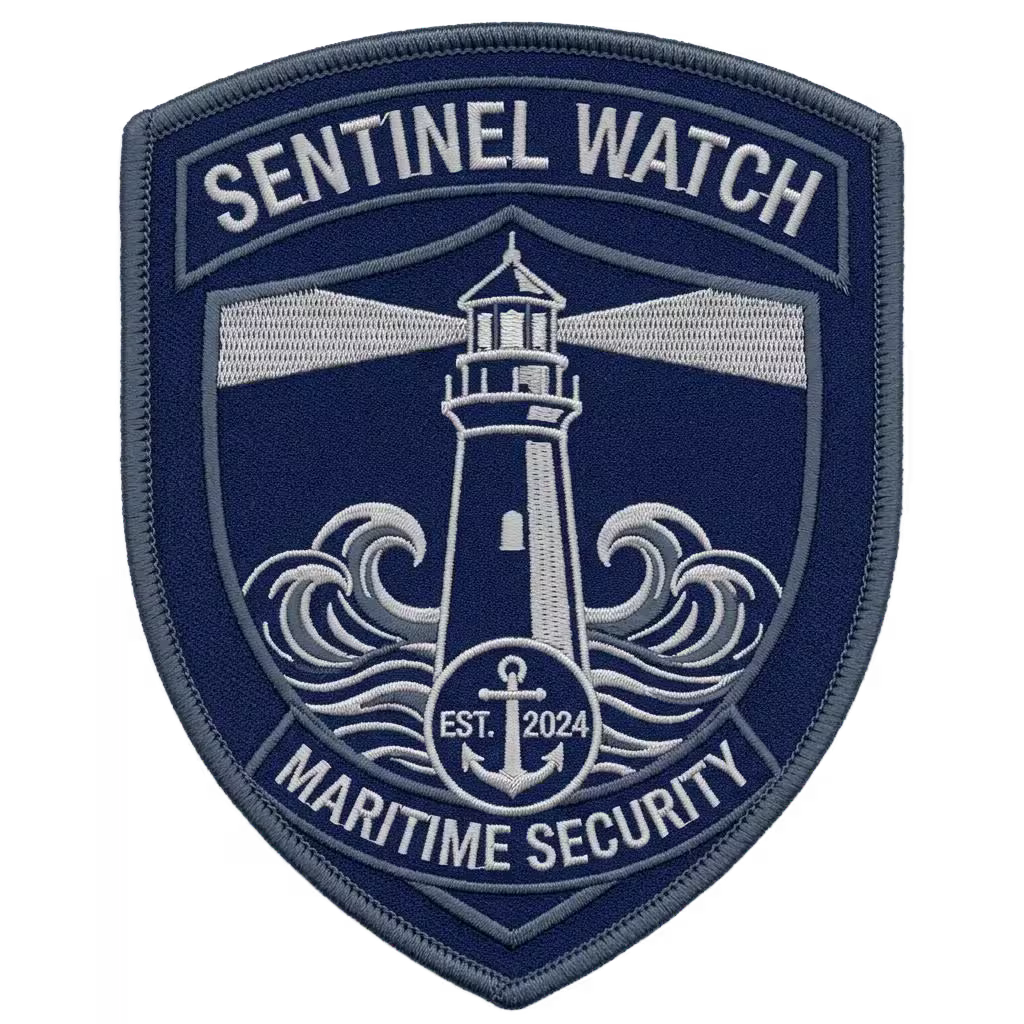 Navy shield security patch with a lighthouse and waves