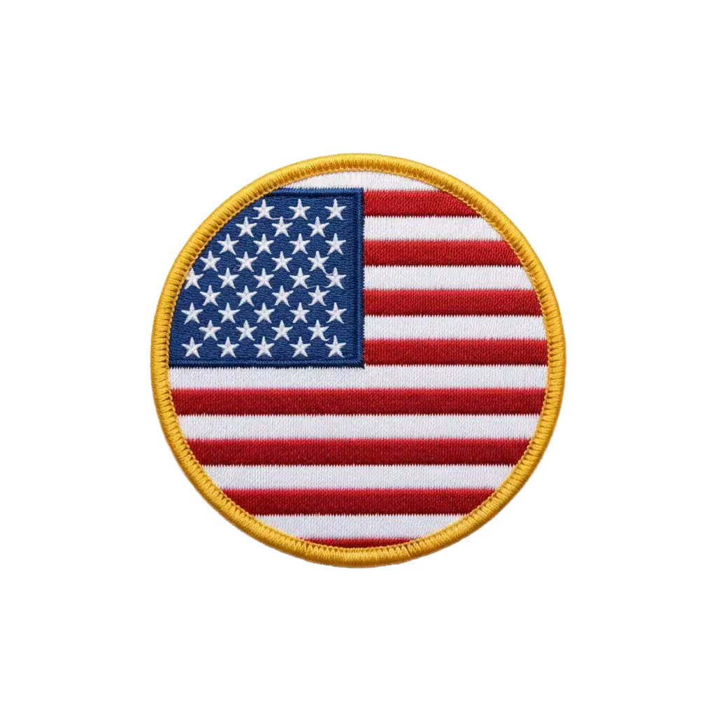 Round American flag patch with a gold border