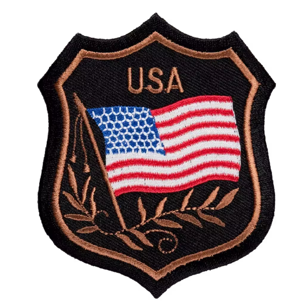Shield-shaped USA patch with an American flag