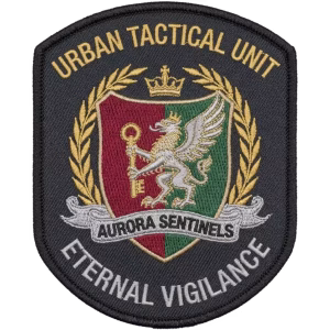Black tactical unit patch with a crown, laurels and a griffin shield