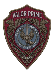 Maroon shield security patch with twin griffins and a sword