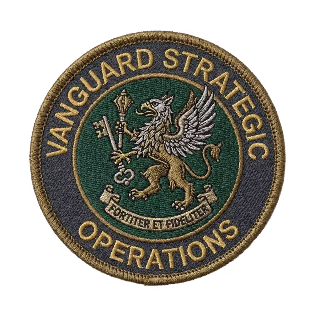 Round green security operations patch with a gold griffin