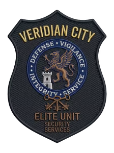 Black shield security services patch with a griffin and tower seal