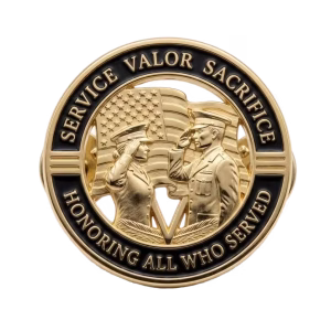 Custom Lapel Pins 41 Veteran lapel pin with two saluting service members and a flag