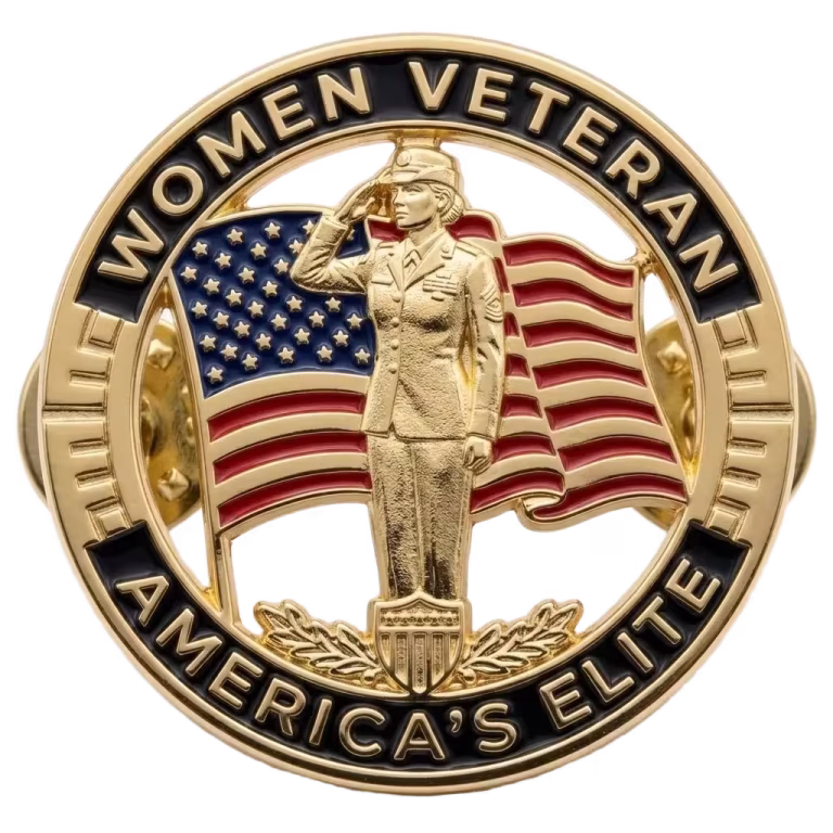 Custom Lapel Pins 26 Women veteran lapel pin with a saluting servicewoman over a full color flag