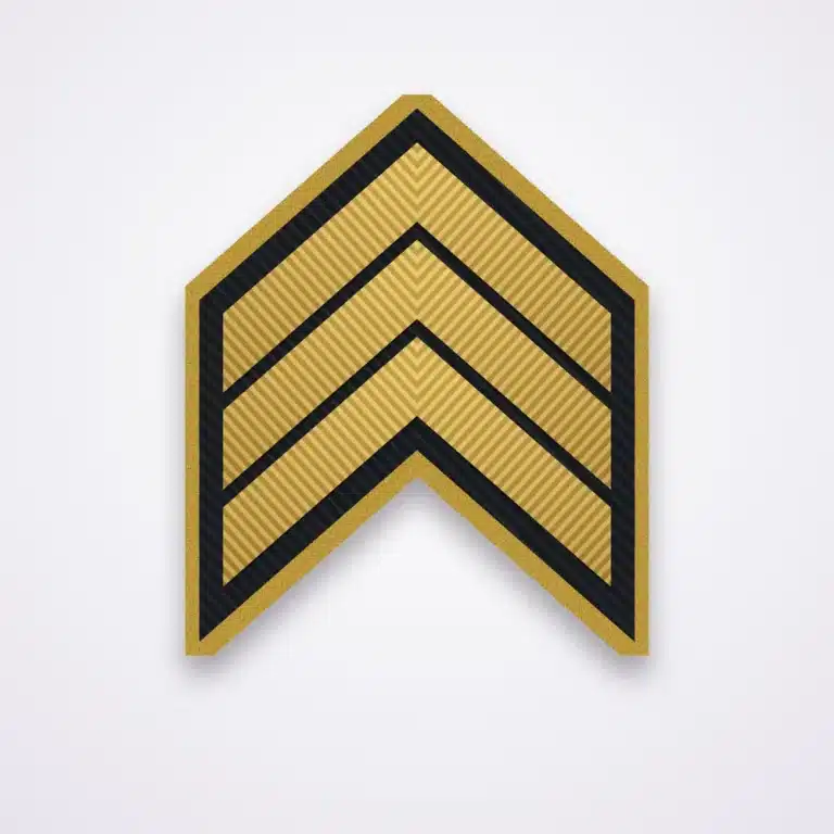 Sergeant Patches 31 Illustration of a three-chevron sergeant rank patch in gold thread on black twill