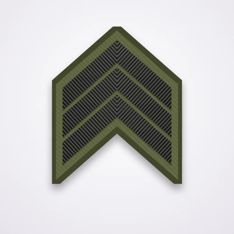 Illustration of a subdued three-chevron sergeant patch in black thread on olive drab for tactical uniforms