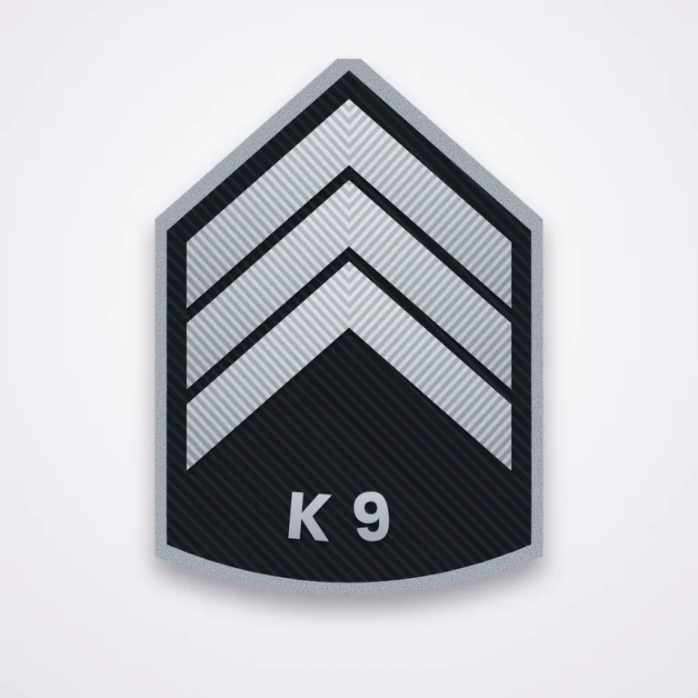 Sergeant Patches 38 Illustration of a three-chevron sergeant patch with k9 lettering on the rocker in silver on black